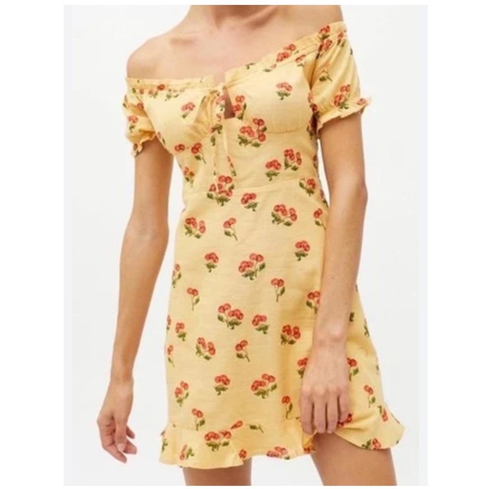 Urban Outfitters Medium Yellow Cherry Off The Shoulder Mini Dress Summer Cotton